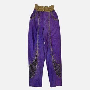 VTG Varda Garfinkel Purple Gold Funky Festival Boho Embellished Pants size M